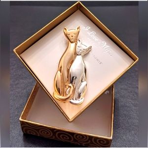♥️🆕 Vintage Gorgeous Mother Cat Kitten Brooch Gold & Silver Tone Cat Pin😺